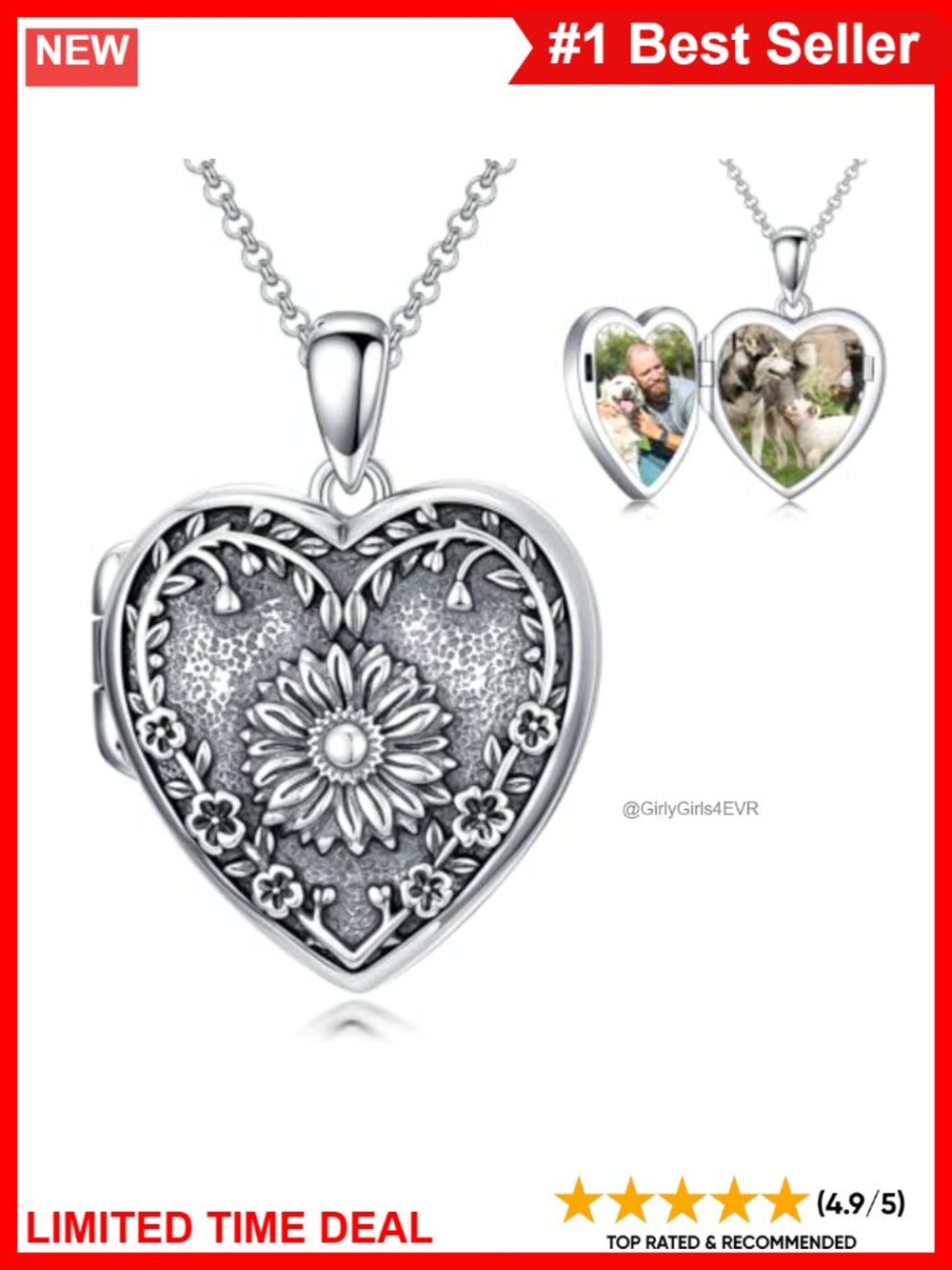 925 Sterling Silver Heart Locket Necklace Photo Pendant Memorial Gift